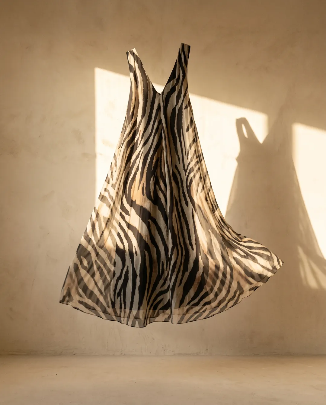 Zebra-print summer dress hanging in warm sunlight