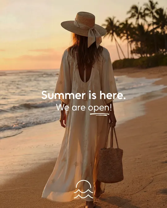 Instagram post: walking the shore at sunset, captioned Summer is here, we are open