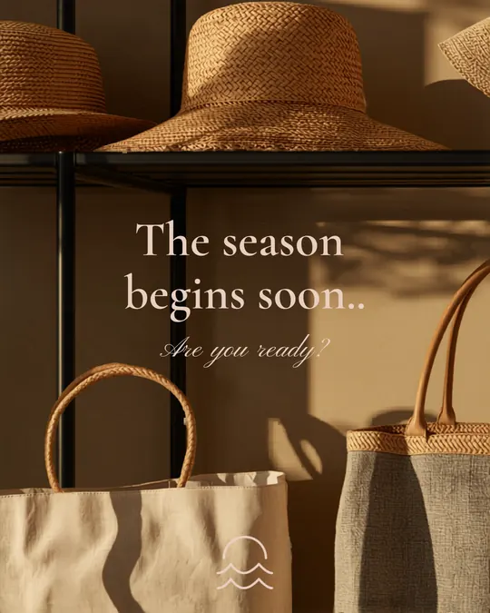 Instagram post: straw hats and bags, captioned The season begins soon